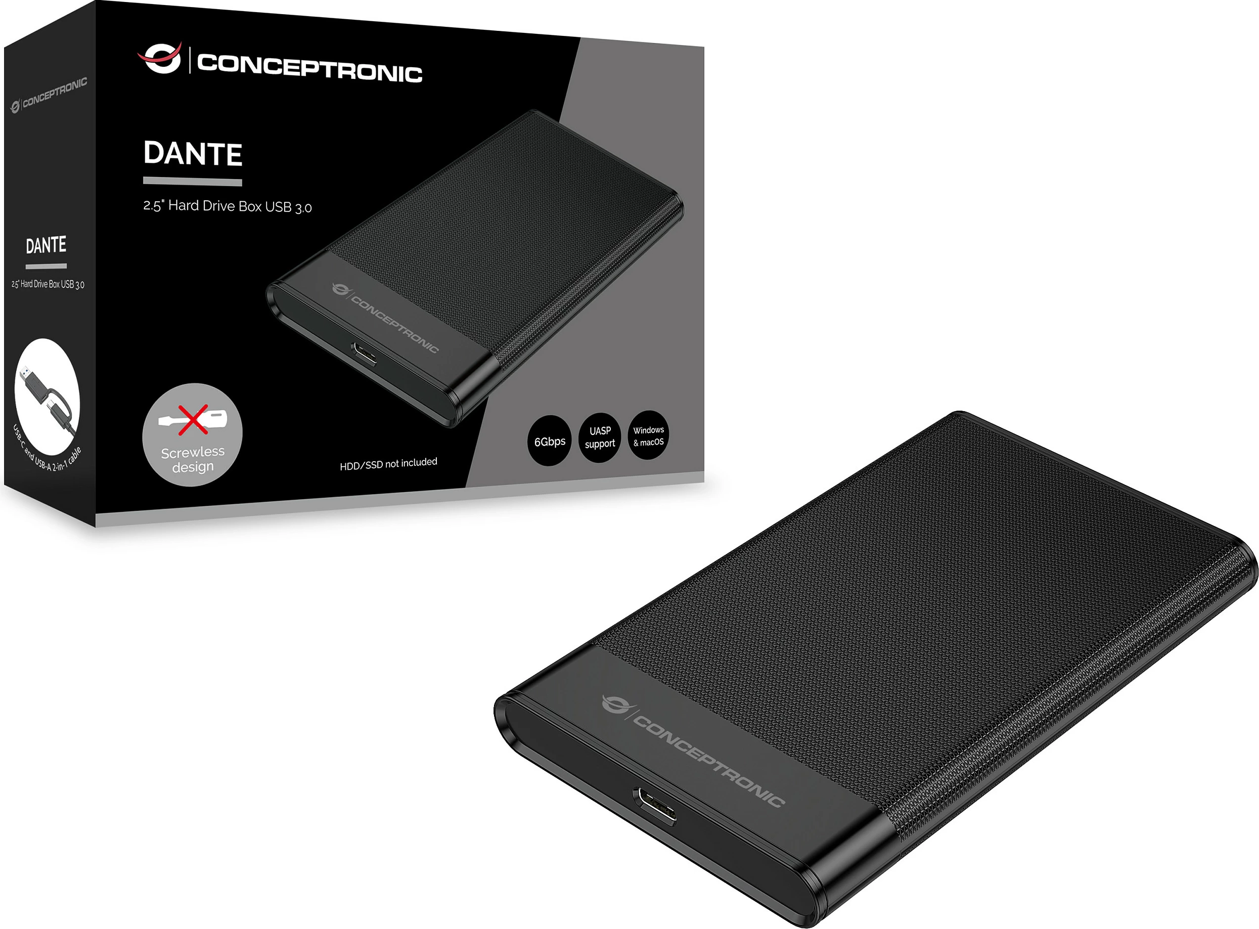 Kasë eksternale për HDD/SSD 2.5" Conceptronic, SATA III, USB-C/USB-A, USB 3.2 Gen 1, e zezë