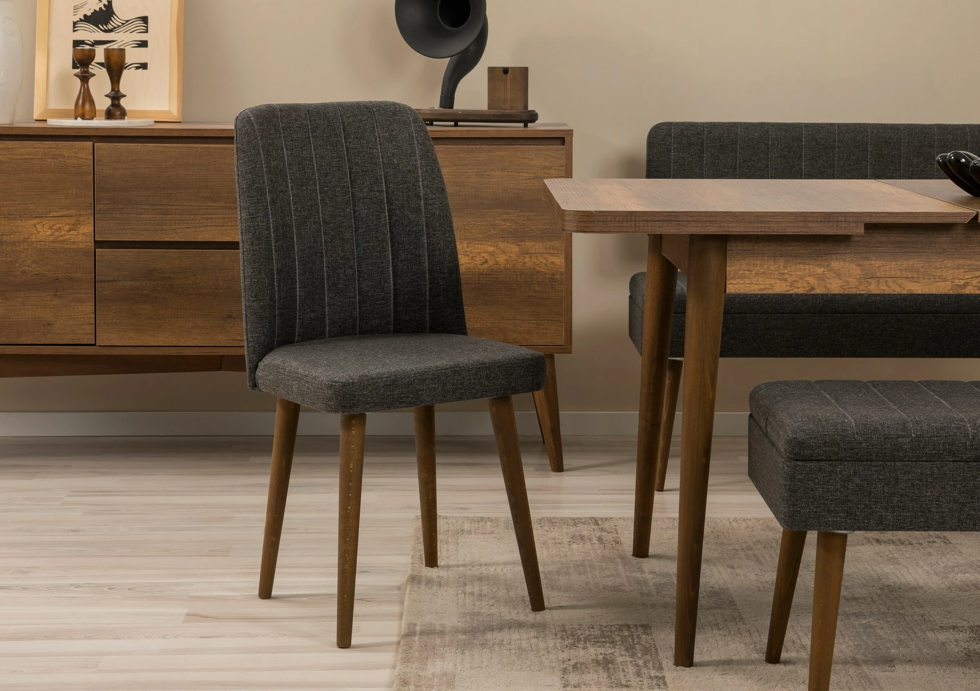 Set tavoline e zgjatshme me karrige, bankë dhe konsol Skye Decor, Vina Bench 04 1053, ngjyrë arre, antracit, 6 pjesë