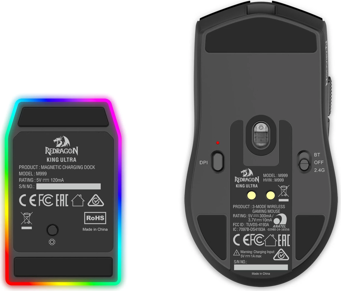 Maus gaming Redragon King Ultra M999, 2.4GHz wireless + Bluetooth 5.1 + wired, 5 nivele DPI, zi, me stacion karikimi RGB magnetik