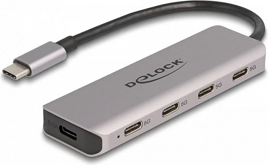 USB-C hub DeLOCK 4-port, 5 Gbps (USB 3.2 Gen 1), me port USB-C për energji, gri