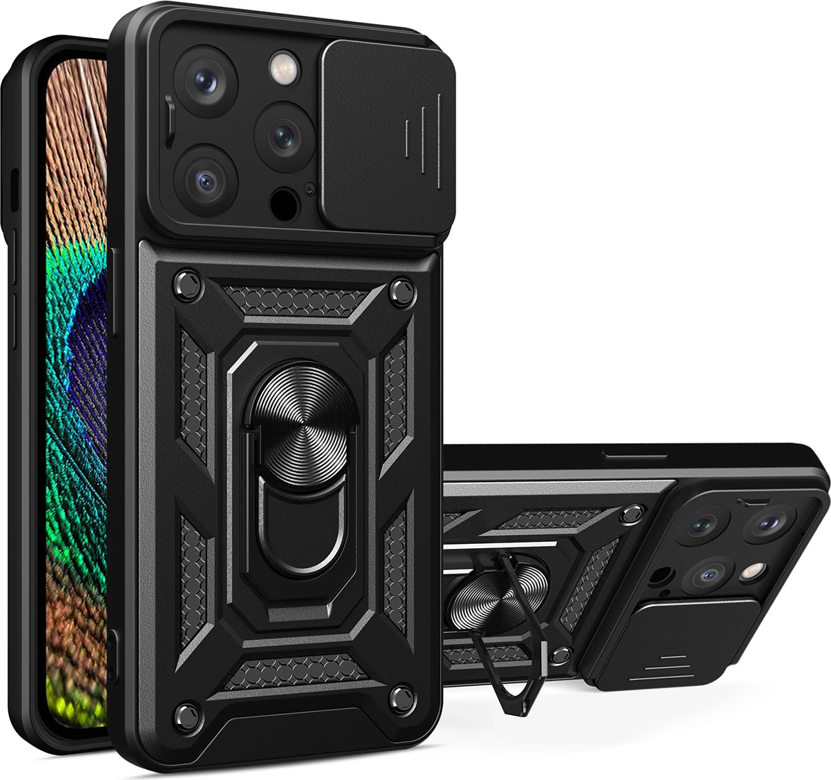 Mbështjellës Hurtel Hybrid Armor Camshield për iPhone 14 Pro Max, me kapak kamere, i zi