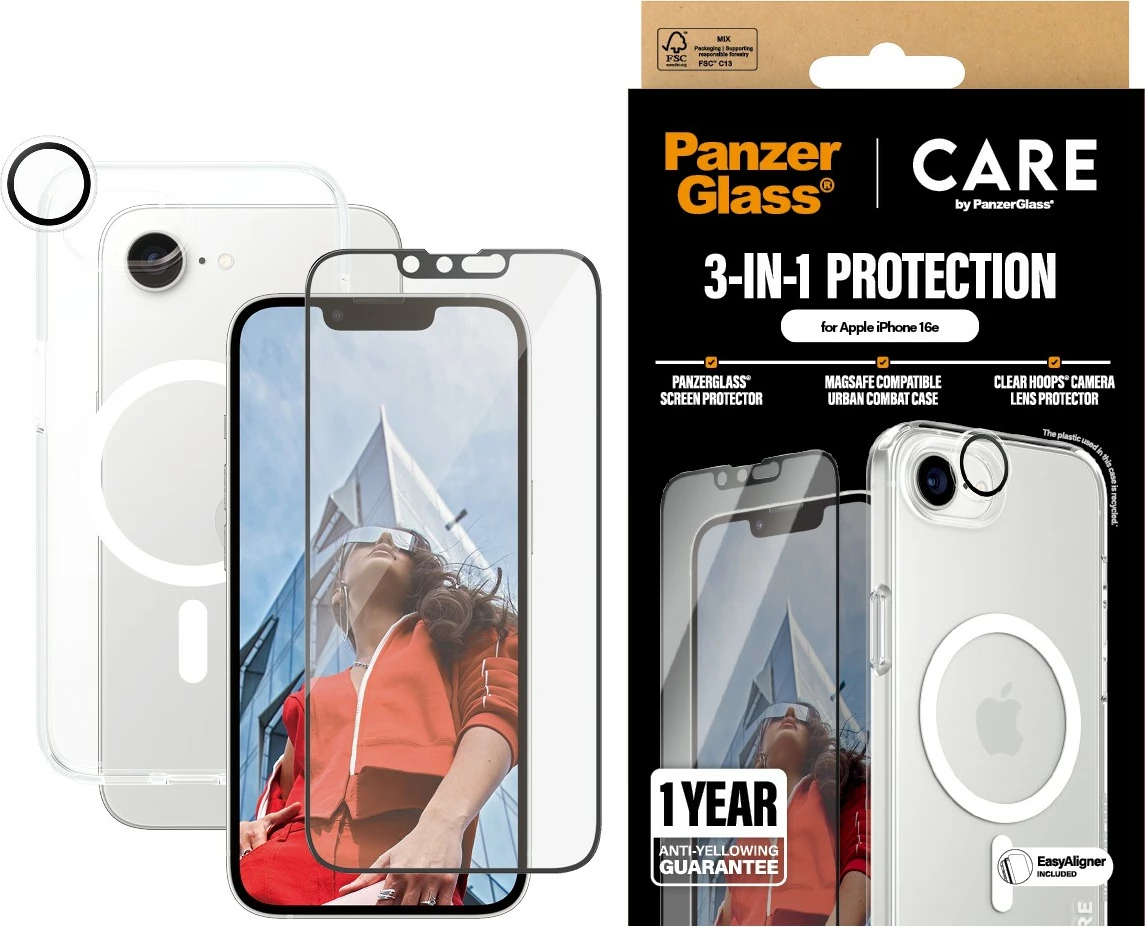Mbështjellës PanzerGlass CARE Flagship 3-in-1 Bundle për iPhone 16e, transparent