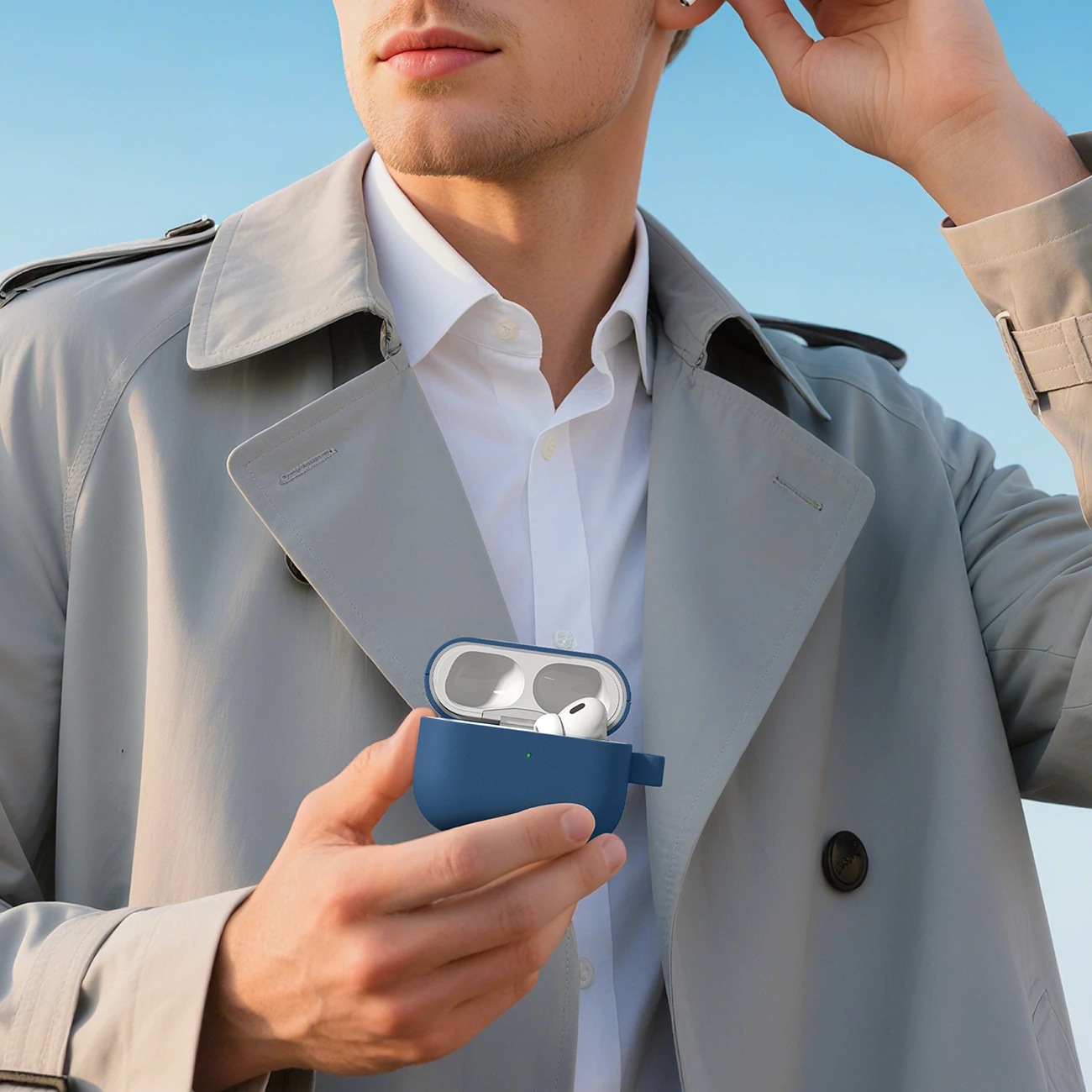 Mbështjellës, AmazingThing, Glamour, për AirPods Pro 3, lëkurë poliester, karabinë, ngarkim wireless, blu