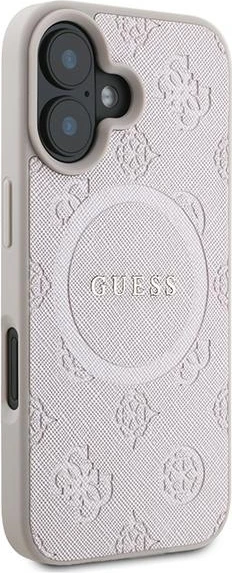 Mbështjellës Guess Saffiano Peony Classic Logo MagSafe për iPhone 16 Plus, Rozë