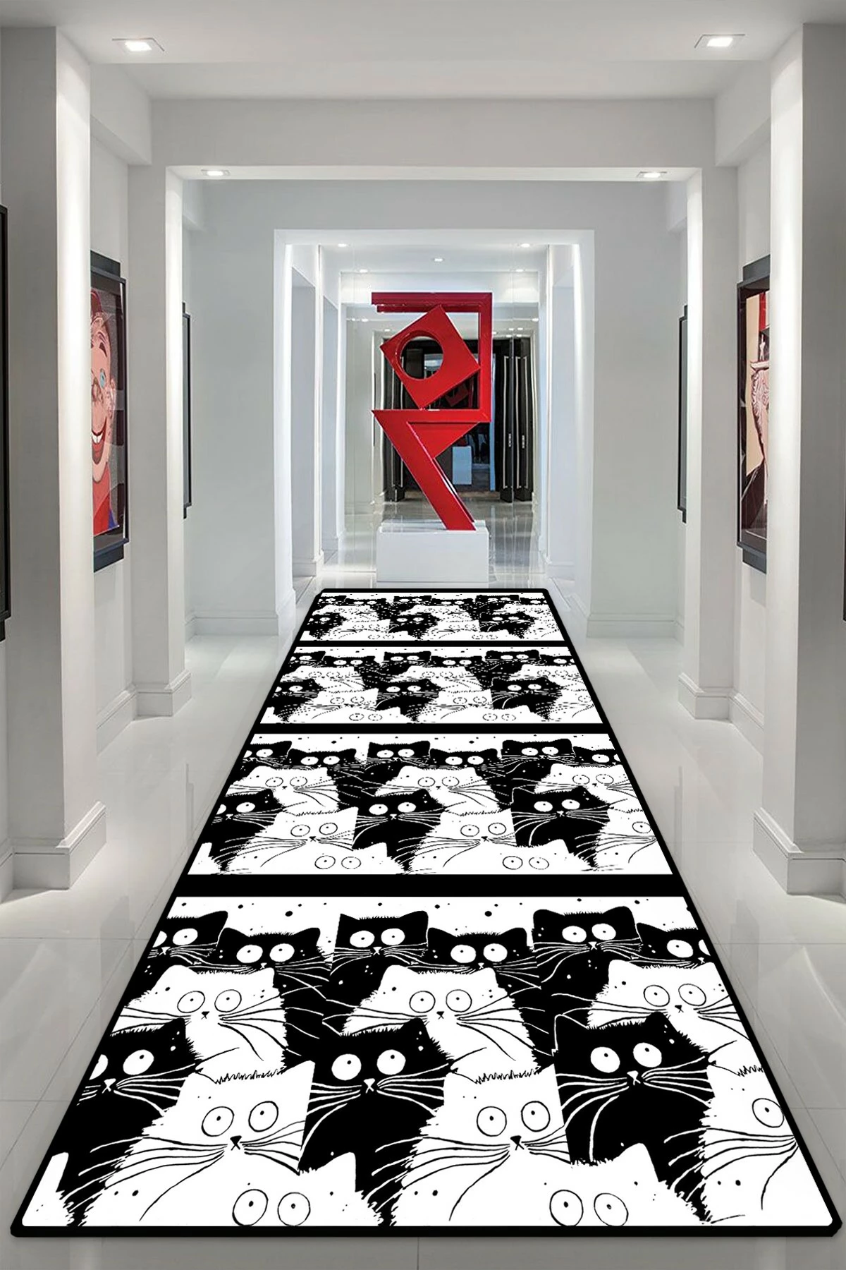 Qilim për korridor, dizajn me mace të bardha e të zeza, 80x150cm