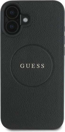 Mbështjellës Guess Grained Gold Ring MagSafe për iPhone 16 Plus, i zi