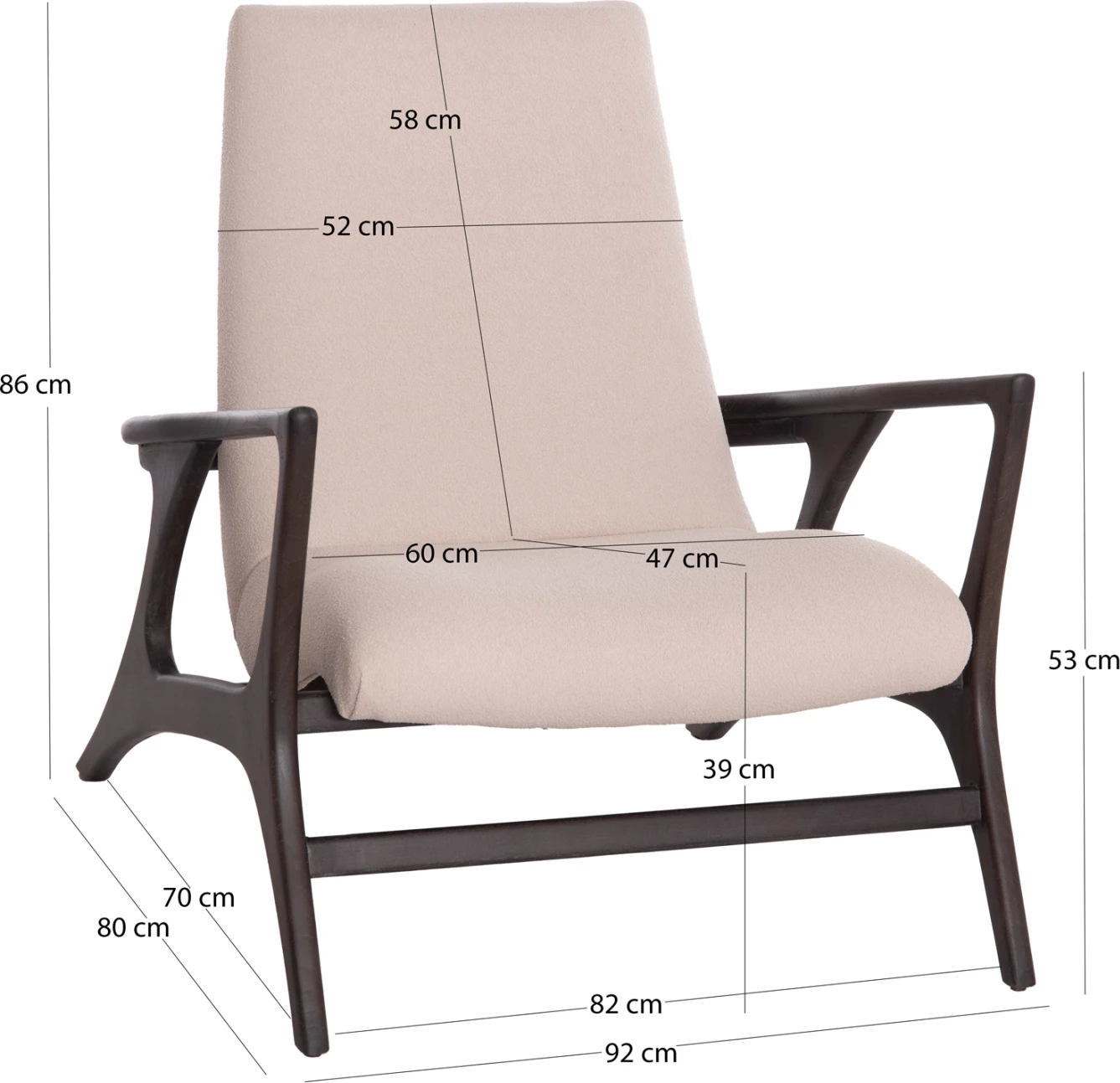 Fotel lounge ARYA, dru teku, ngjyrë e zezë-krem boucle, 79x88x83cm