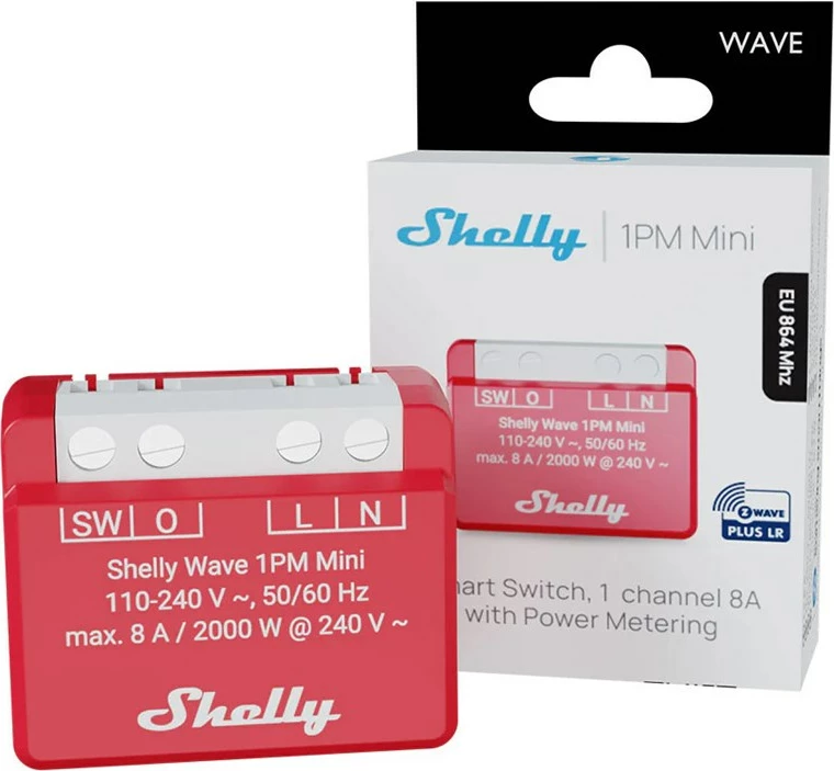 Relé inteligjente Shelly Wave 1PM Mini LR, wireless, 110-240V AC, e kuqe