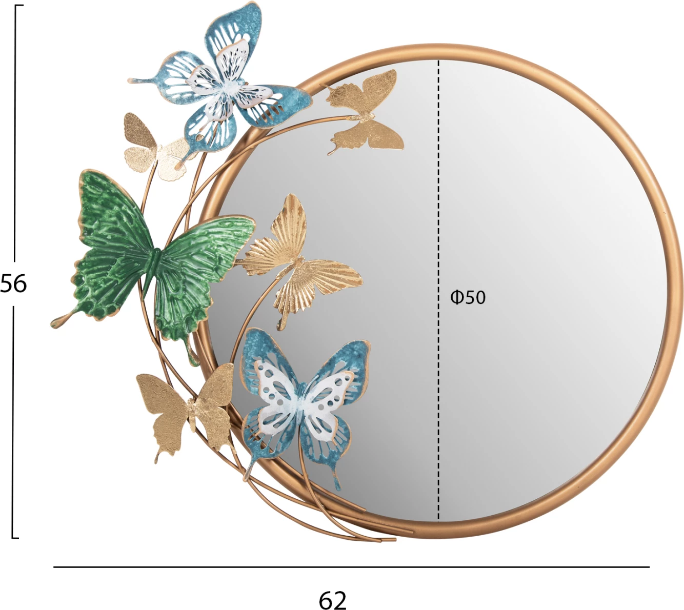 Pasqyrë muri rrumbullakët FH4213, metalike, ari-e gjelbër-e kaltër, 62x6.5x56H cm