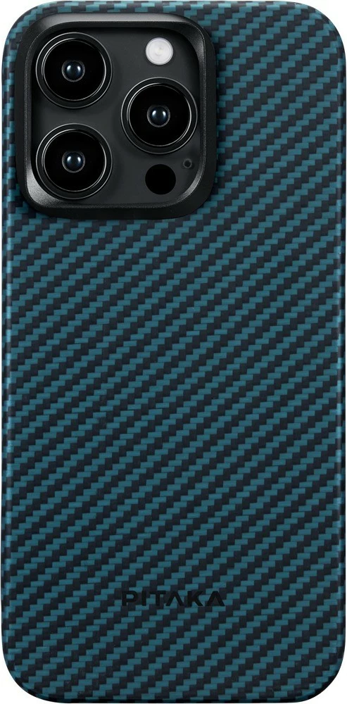 Mbështjellës Pitaka MagEZ Case 4 për iPhone 15 Pro, ultra i hollë 0.95 mm, MagSafe, fibër aramidi, Black/Blue Twill 5