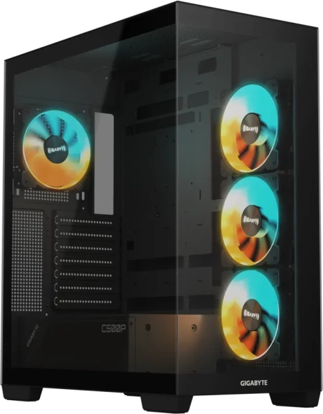 Kasë GIGABYTE C500 Panoramic Stealth Ice GB-C500P ST ATX midi tower, tempered glass, 4x ARGB fans, USB-C USB 3.2 Gen2, e zezë