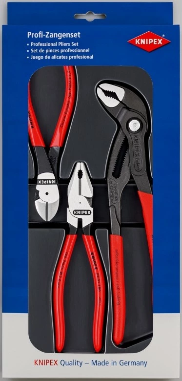 Set pense Knipex 00 20 10, 3 copë, dorezë plastike, e kuqe