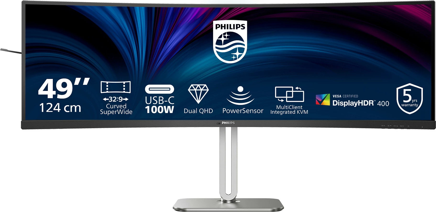 Monitor Philips 5000 Series 49B2U5900C/00, 48.8 inç SuperWide i lakuar, Dual QHD 5120x1440, USB-C 100W, i zi