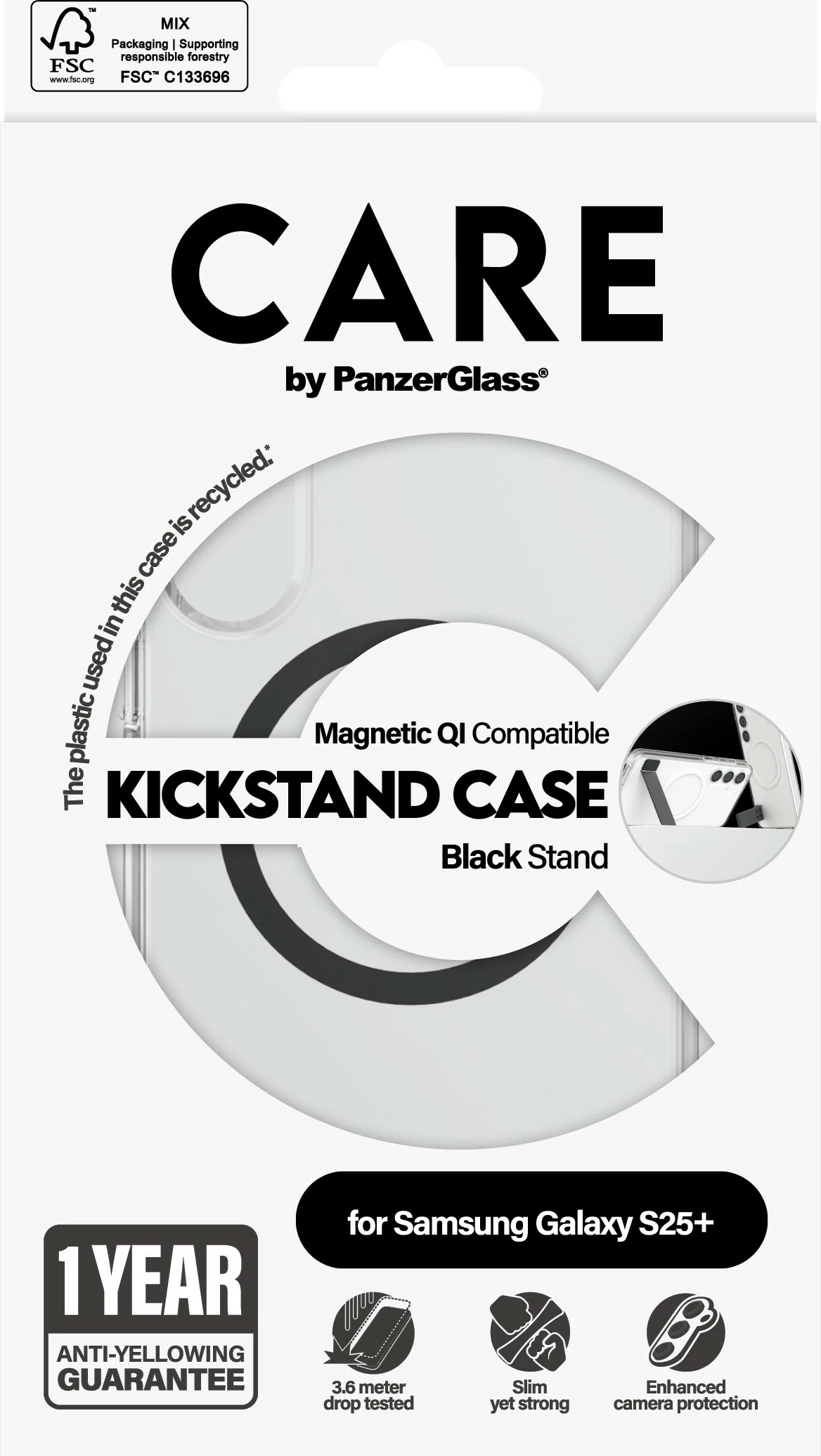 Mbështjellës PanzerGlass CARE Feature Case, për Samsung Galaxy S25 Plus, transparent, me kickstand & QI