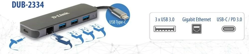 Hub USB-C D-Link DUB-2334, 5-in-1, 60 W, Gri