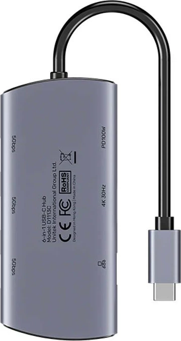Hub USB-C Unitek 6n1, 3x USB-A 3.0, HDMI 4K@30Hz, RJ45, PD 100W, gri