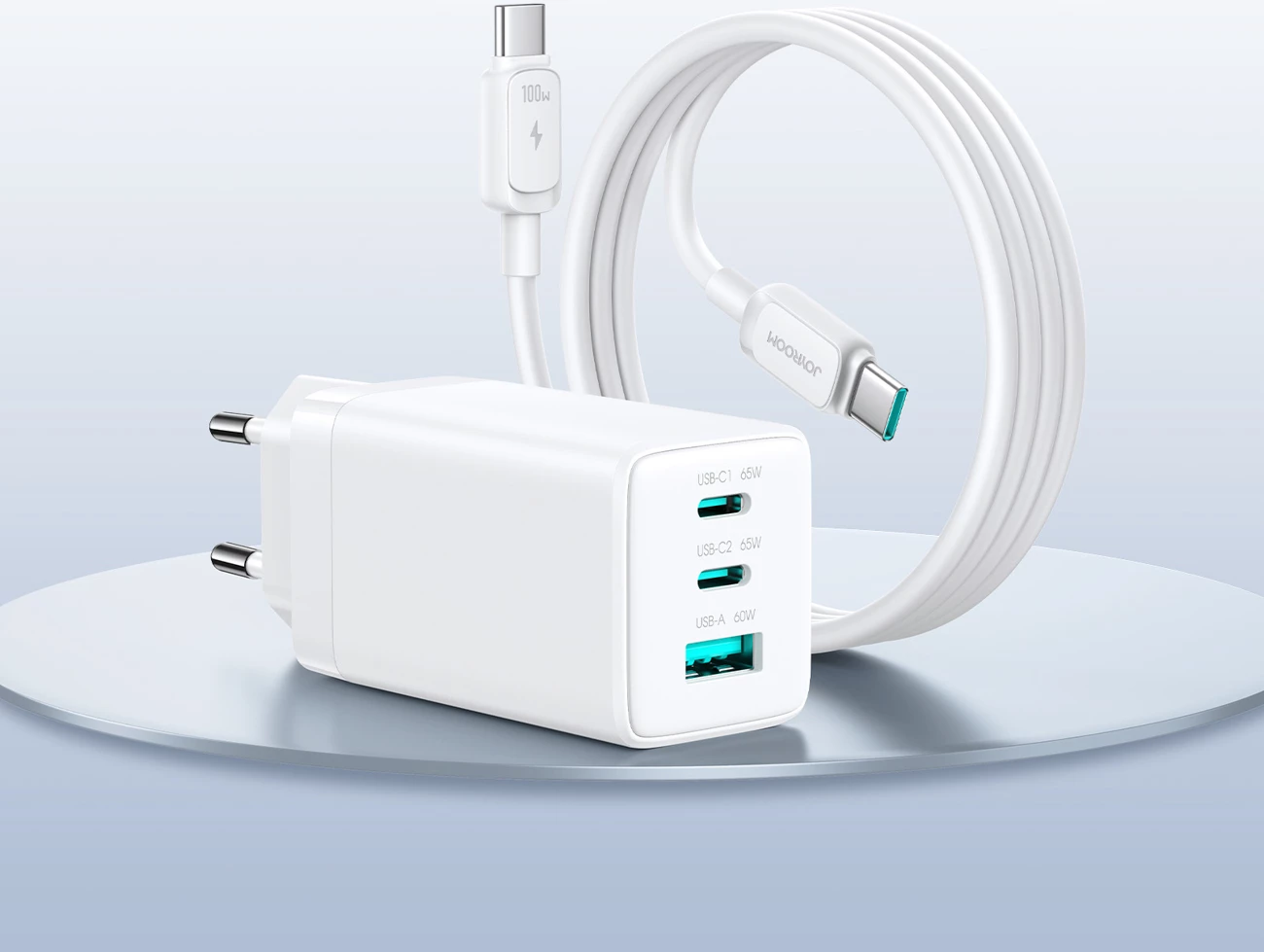 Karikues muri Joyroom JR-TG10 65W GaN, 2x USB-C + USB-A, me kabllo USB-C në USB-C 1.2m 100W, i bardhë