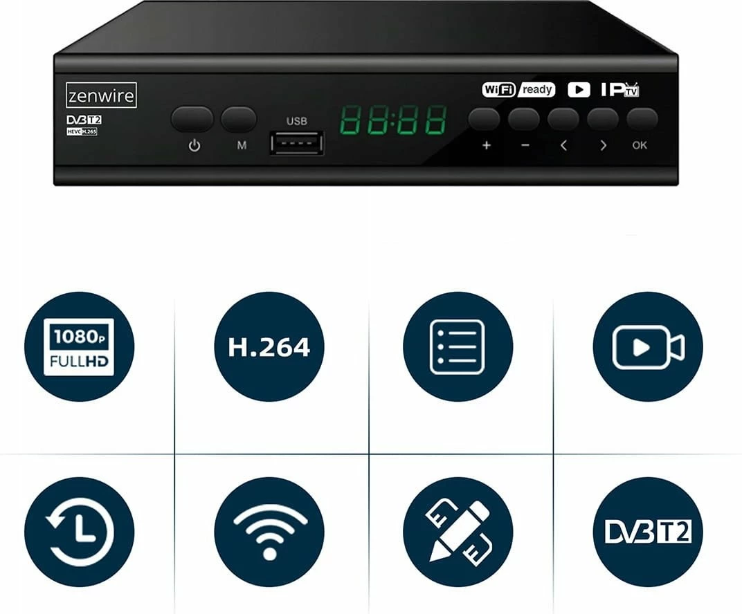 Dekoder DVB-T2 Zenwire 001 H.265/HEVC Full HD, i zi, set me telekomandë