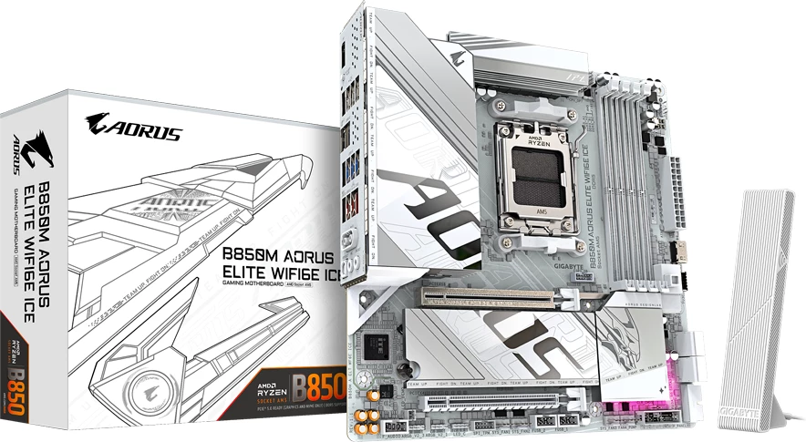 Pllakë amë GIGABYTE B850M AORUS ELITE WIFI6E ICE, AM5, mATX, 4xDDR5, Wi‑Fi 6E, e bardhë