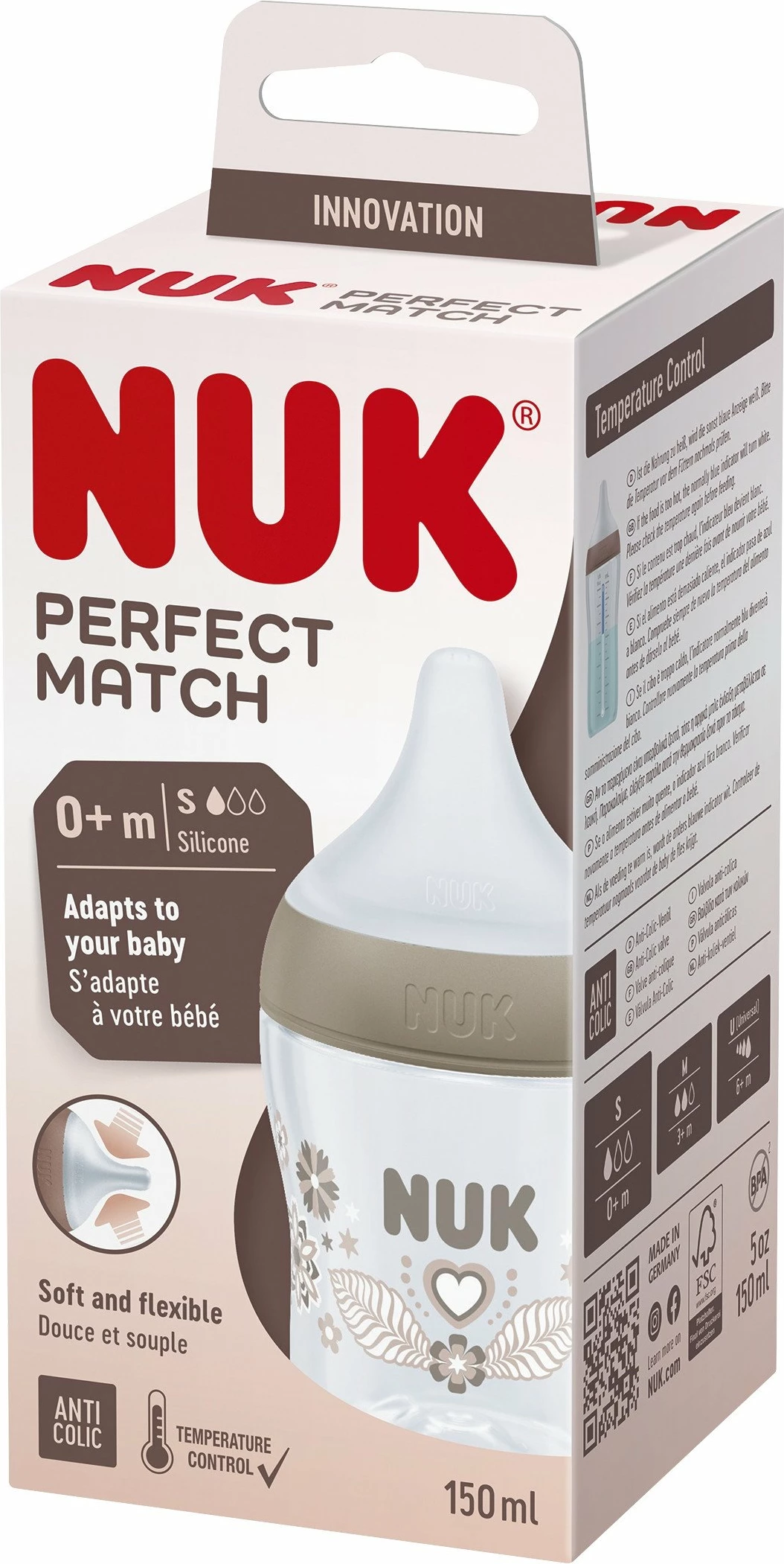 Biberon NUK Perfect Match 10743092 150 ml me biberon silikoni, indikator temperature, anti-kolik, transparent/bezhë, 1 copë