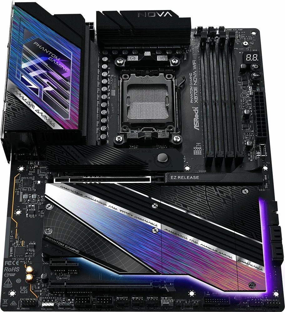 Pllakë amë ASRock X870E Nova WiFi Phantom Gaming ATX DDR5 256GB Wi‑Fi 7 USB4, e zezë/vjollcë, me antenë Wi‑Fi dhe kabllo SATA