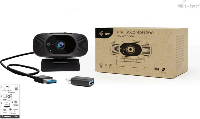 Webkamerë I-Tec SOLOMON 300, 4K UHD 8.29MP, 92° FOV, USB, me shutter privatësie, e zezë