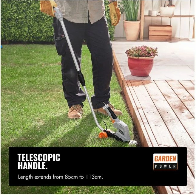 Gërshërë pa kabllo për gardh dhe bar VONHAUS 2500257 2-në-1, teh 170 mm + 90 mm, dorezë teleskopike 85–113 cm, gri/portokalli