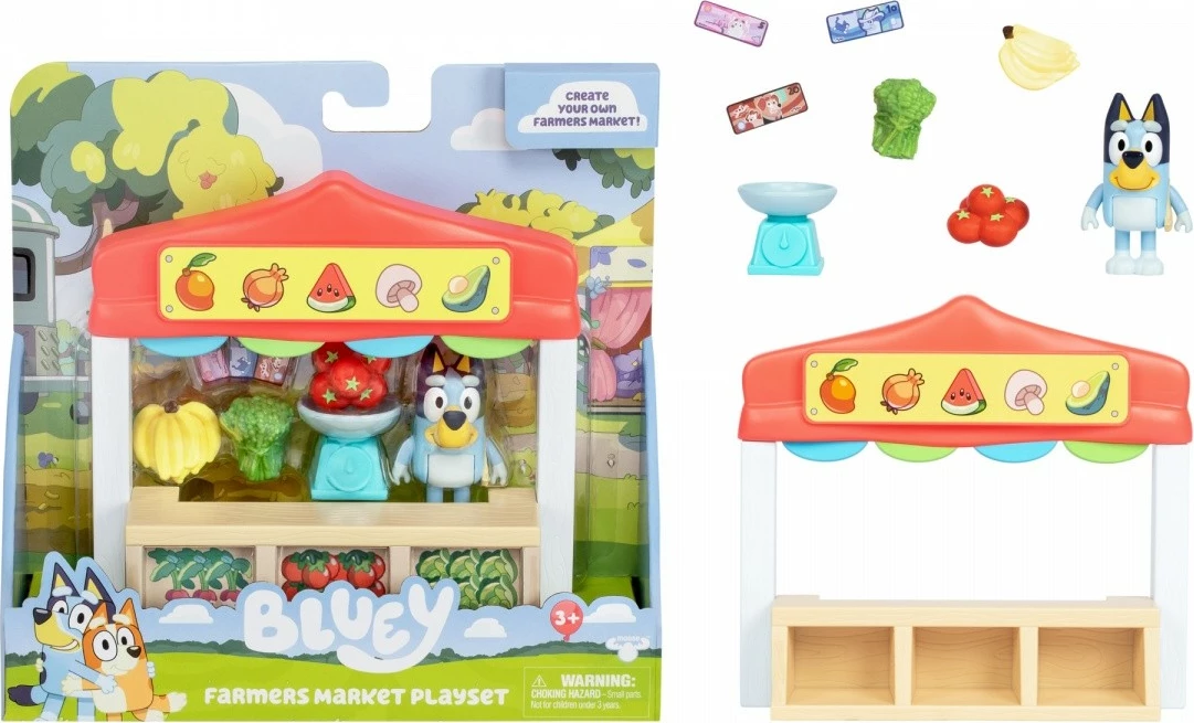 Set figurina Bluey Mini, Tm Toys BLU17555, me stendë tregu dhe aksesorë, shumëngjyrësh