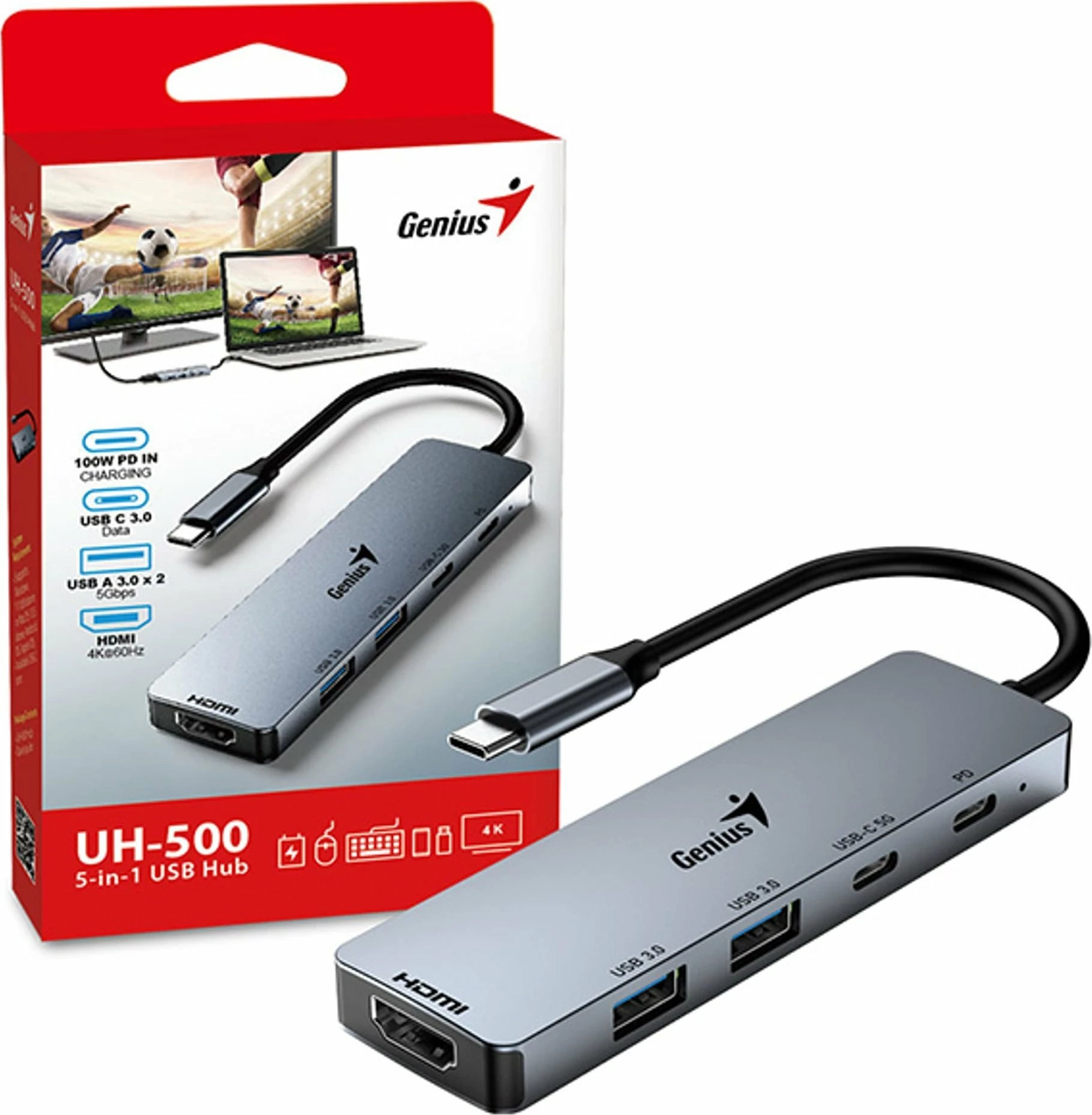 Hub USB-C Genius UH-500, 5 porta (HDMI 4K, 2x USB 3.0, 2x USB-C, PD 100W), gri