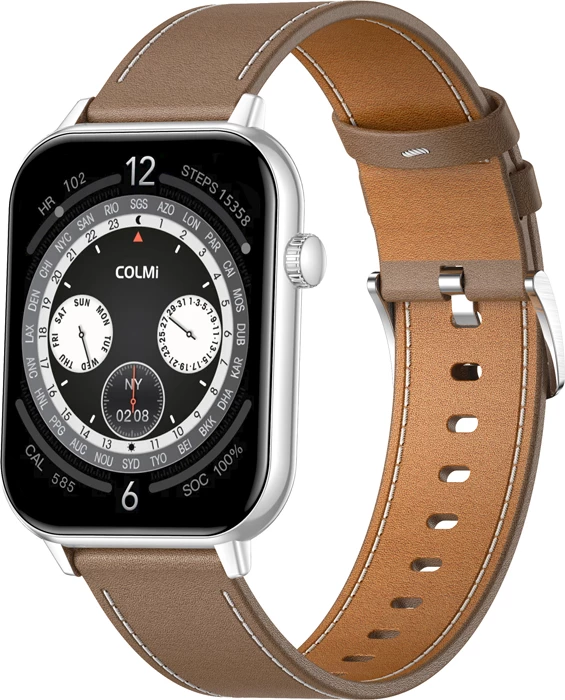 Smartwatch Colmi C28 1.93\" AMOLED, thirrje Bluetooth, AI Da GPT, 230 mAh, rrip lëkure, argjend + rrip kafe
