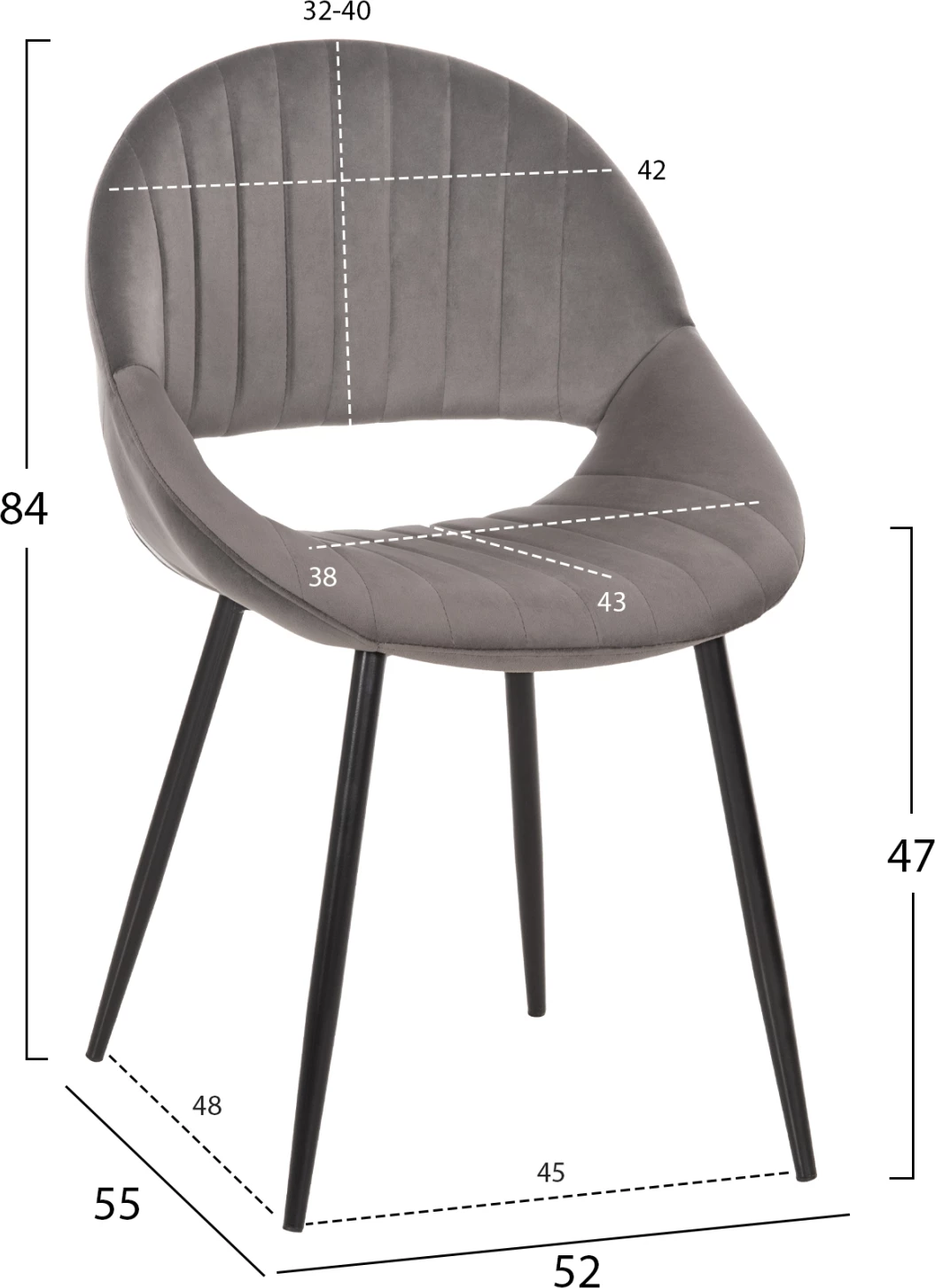 Karrige për ngrënie ODEN FH9001.01, kadife gri, këmbë metalike të zeza, 52x55x84H cm