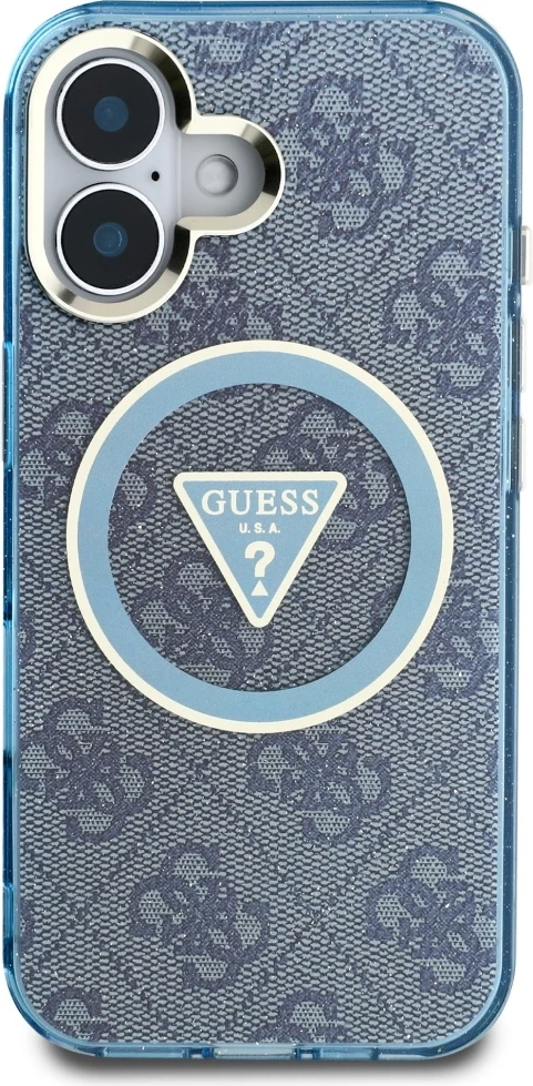 Mbështjellës Guess IML Metal Glitter 4G Circle Triangle MagSafe për iPhone 16, Kaltër