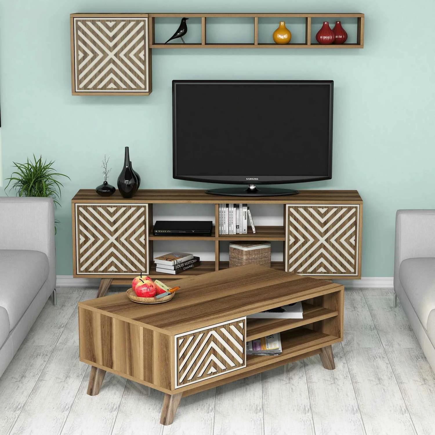 Set mobiljesh për dhomë dite, Skye Decor, ngjyrë arre, krem