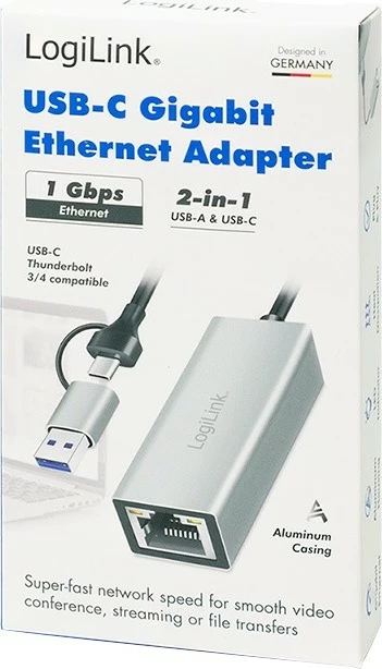 Adapter LogiLink UA0238B USB-C në Gigabit Ethernet + USB-A