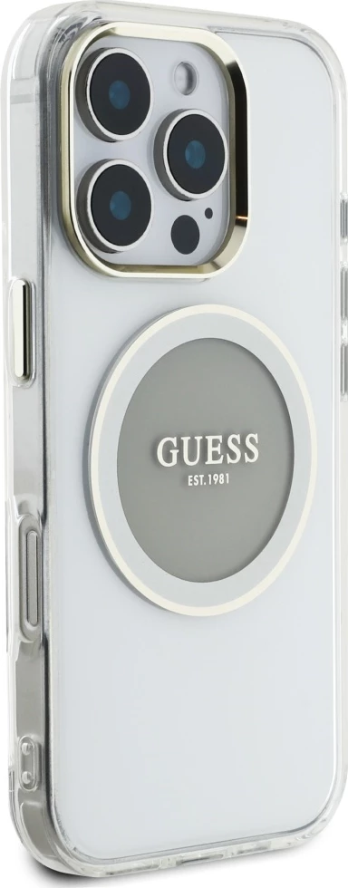 Mbështjellës Guess IML Metal Colored Circle Classic Logo MagSafe për iPhone 16 Pro, Gri