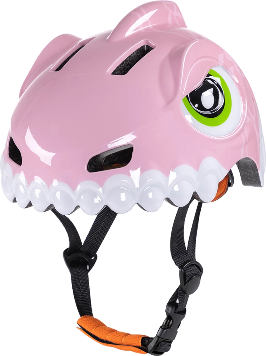Kaskë biçiklete fëmijësh, Wozinsky HT-62R, S (52-56 cm), rregullim 360°, 250 g, motiv dinosauri, rozë