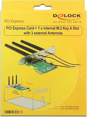 Kartë adapter PCIe DeLOCK 89568, M.2 Key A/E, për WLAN/Bluetooth/GNSS, me 3 antena