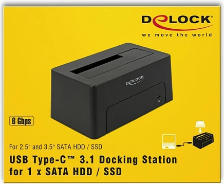 Docking station për HDD/SSD DeLOCK 63958, USB-C USB 3.2 Gen 2, SATA III, 2.5/3.5", e zezë
