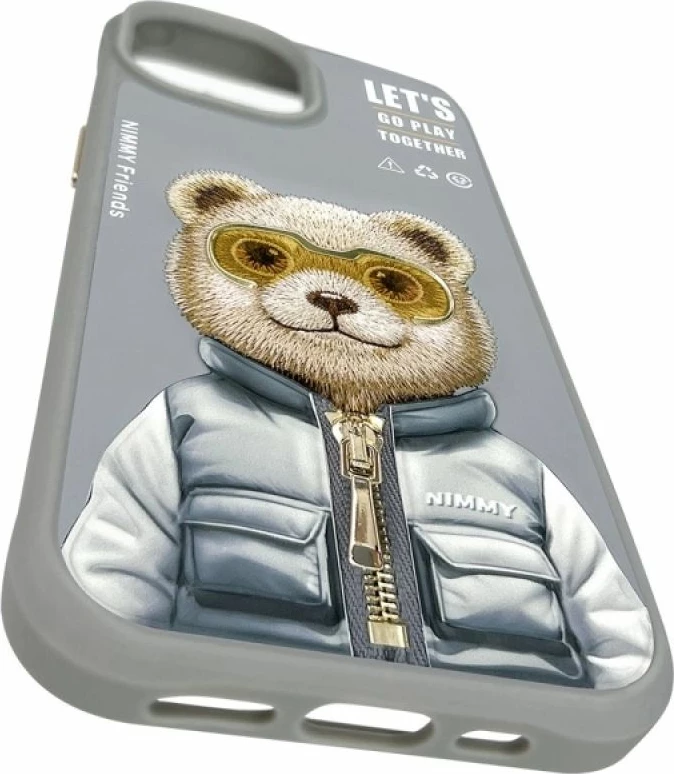 Kuti për iPhone 15 Nimmy Cool&Cute 2.0 Bear, gri
