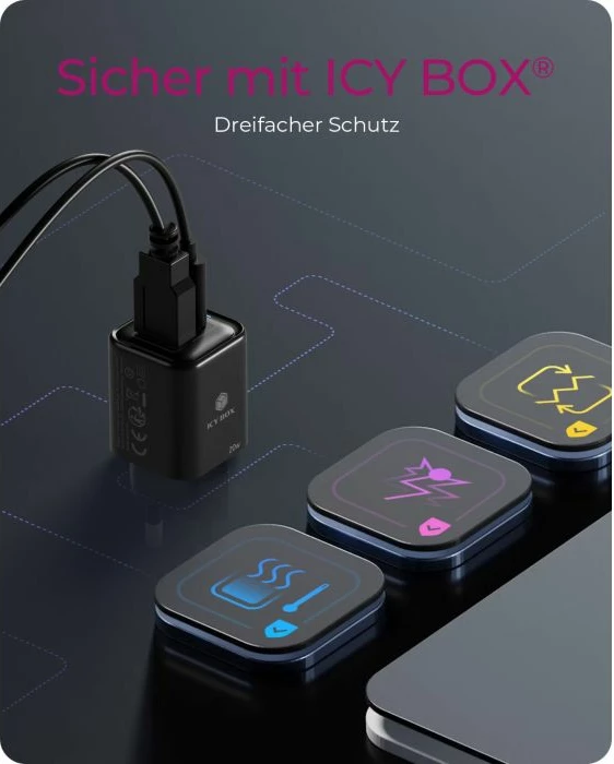 Karikues ICYBOX IB-PS1020-PD 20W, USB-C PD + USB-A, i zi, set 1 copë