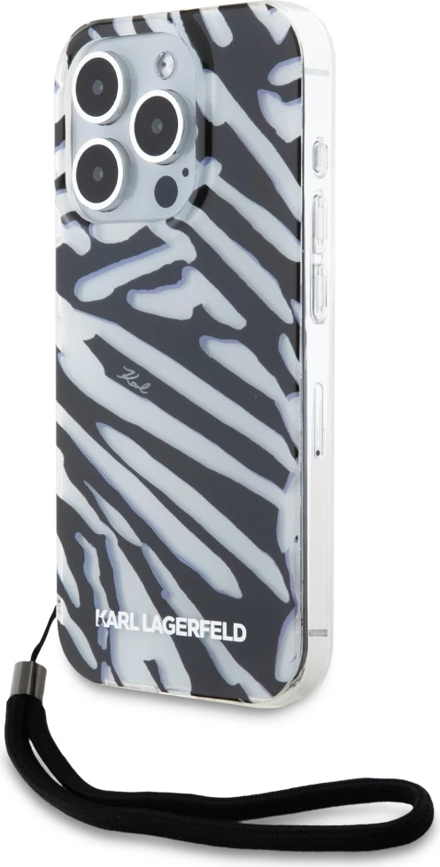 Mbështjellës Karl Lagerfeld IML Zebra Pattern & Cord për iPhone 15 Pro Max, zi