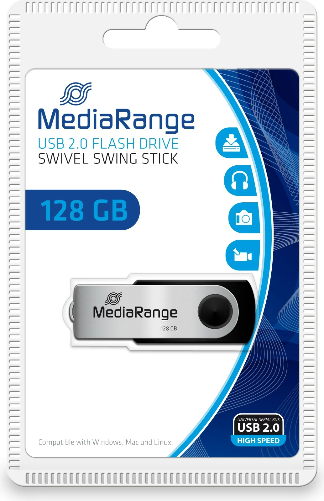 USB flash MediaRange MR913 128GB, USB 2.0, swivel, zi/argjendtë