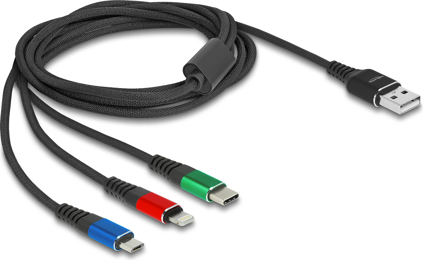 Kabllo karikimi DeLOCK 3 në 1 USB-A në Lightning/Micro-USB/USB-C, 2 m, 3A, e thurur, zi/kaltër/kuqe/gjelbër