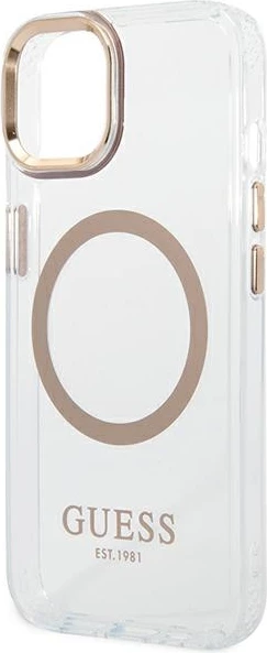 Mbështjellës Guess GUHMP14SHTRMD për iPhone 14 6.1", Metal Outline Magsafe, Transparent/Gold