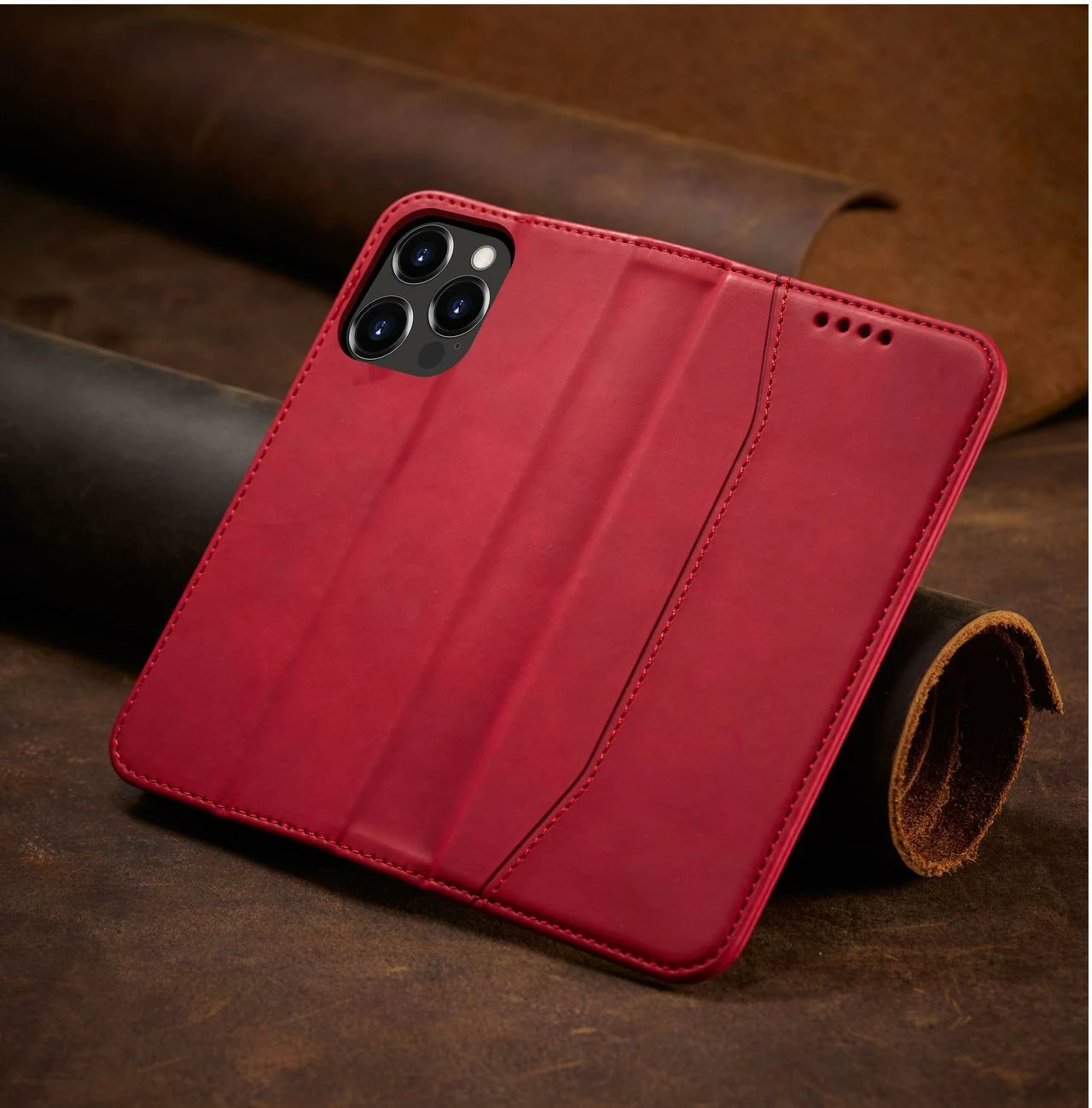 Mbështjellës Hurtel Magnet Fancy Case për iPhone 14 Pro Max, me portofol dhe mbajtëse, Kuq