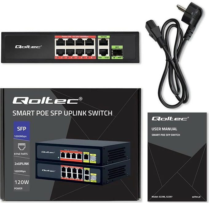 Switch rrjeti Qoltec 52297, 8x RJ45 PoE, 2x RJ45 Uplink, 1x SFP, 120W, 1000Mb/s, i zi