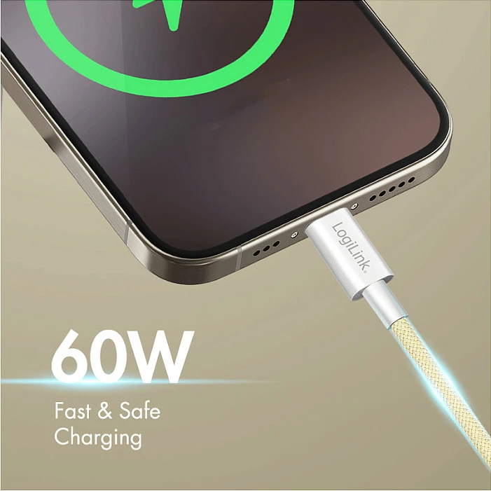 Kabllo USB-C LogiLink, USB 2.0 C në C, 1 m, 60W, 480 Mbps, najlon, e verdhë