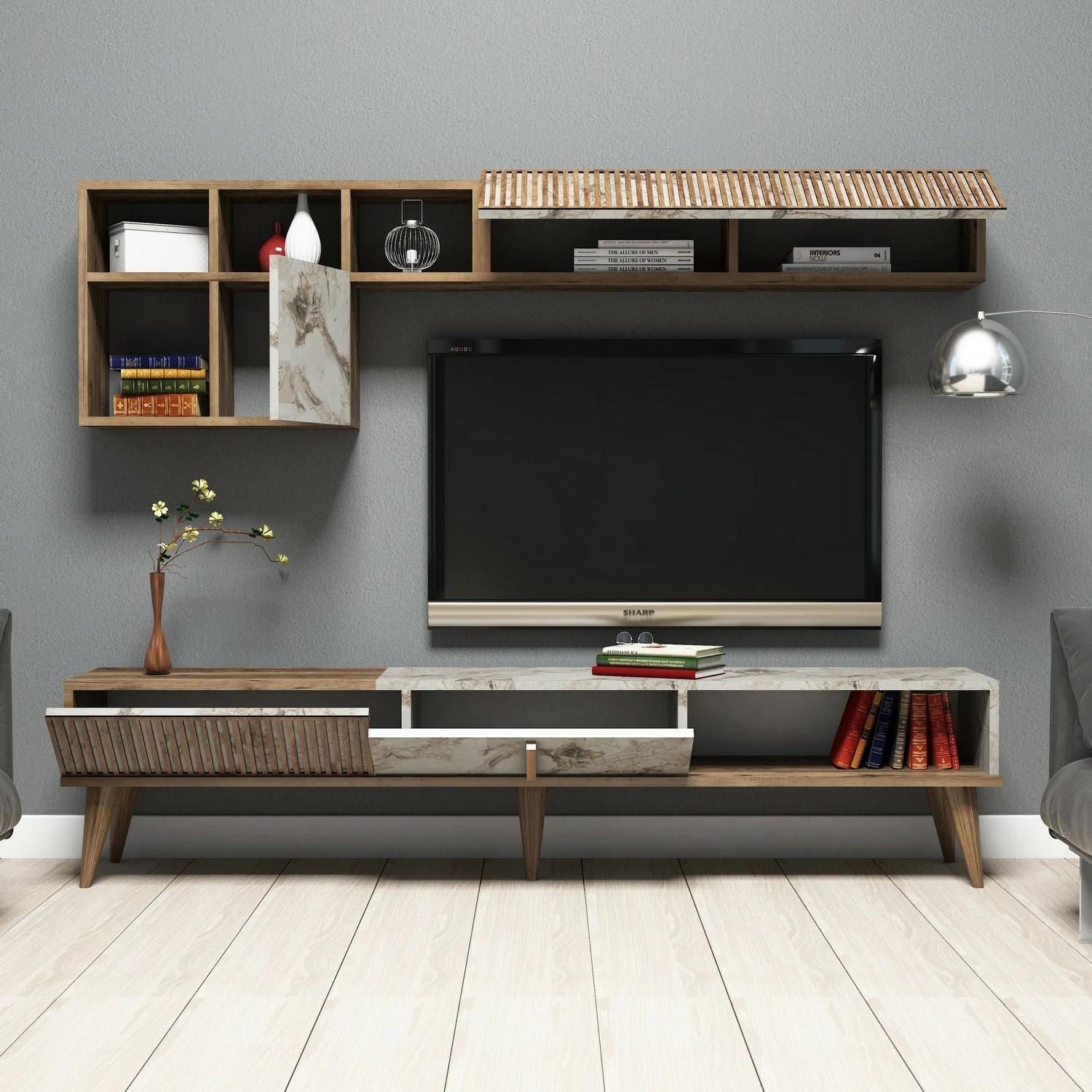 Komodë TV Skye Decor, Milan, ngjyrë arre, mermer i bardhë
