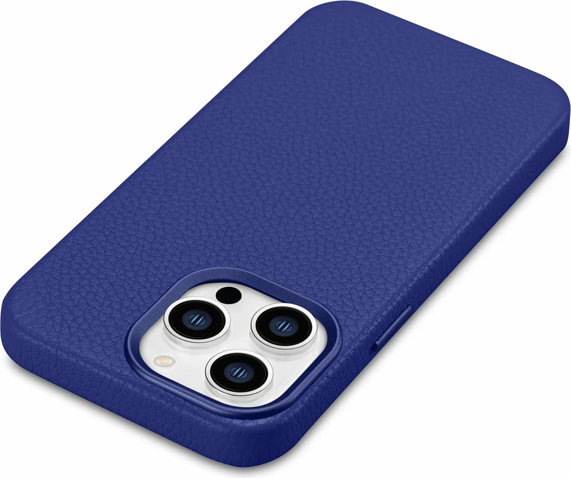 Mbështjellës iCarer Litchi Premium për iPhone 14 Pro, lëkurë natyrale, MagSafe, kaltër e errët