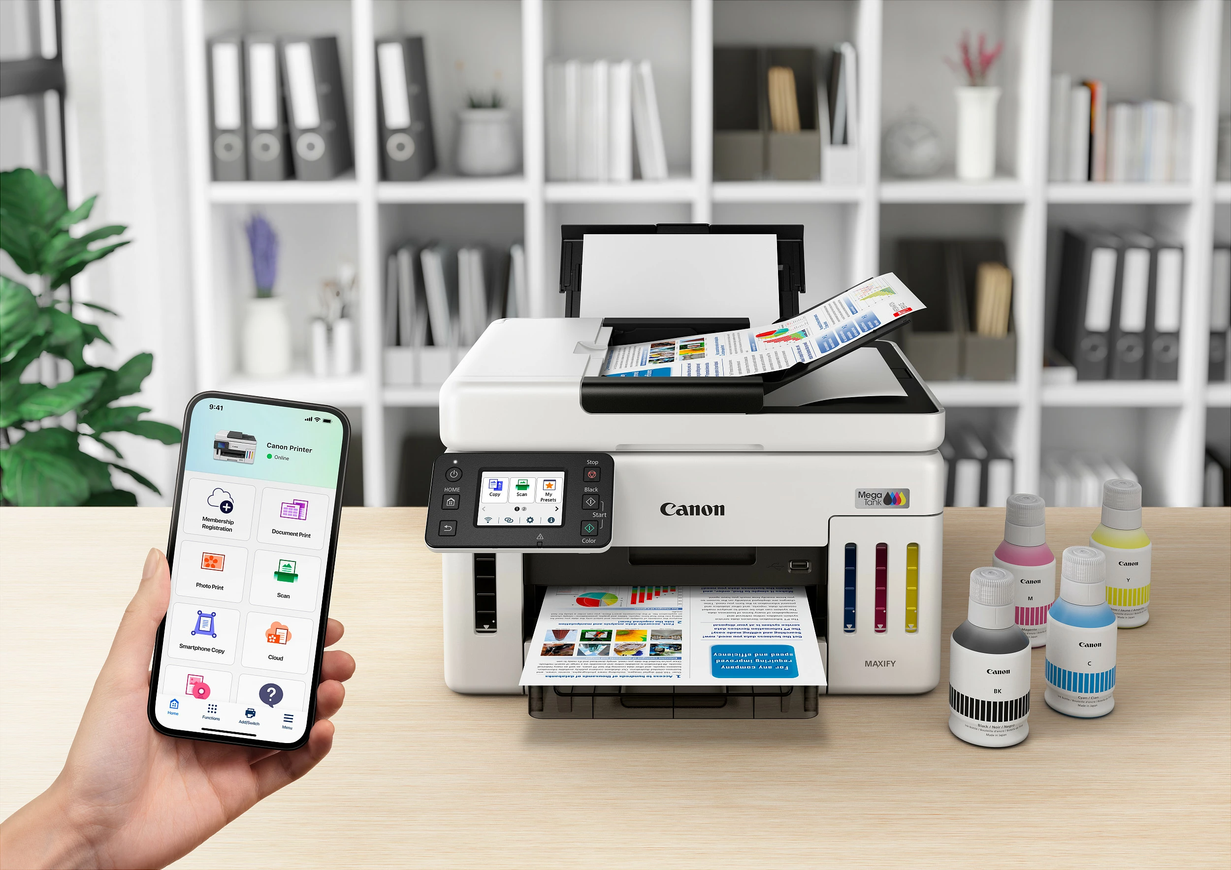 Printer multifunksional Canon MAXIFY GX6150, Inkjet me ngjyra, A4, Duplex, Wi‑Fi/Ethernet, bardh e zi